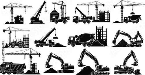 Construction vehicle silhouette icon set, crane, cement mixer, excavator, dump truck, industrial equipment, vector illustration, black pictogram, site machinery