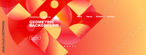 Vibrant abstract background features geometric shapes, gradients. Website header includes navigation options, call to action button.