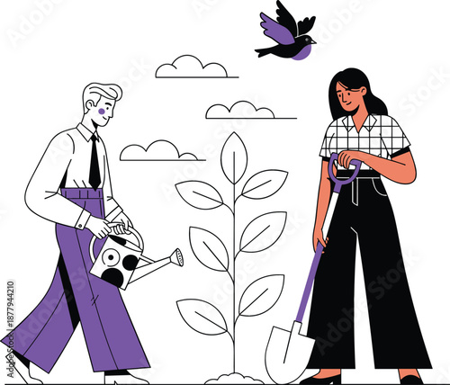 Modern graphic flat vector illustration of diverse people collaboratively planting and watering a tree for environmental stewardship celebration.