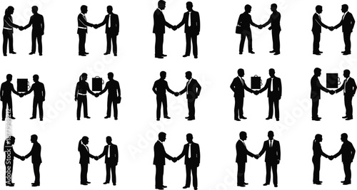 Business handshake silhouette icon set, professional greeting, corporate deal, teamwork symbol, vector illustration, black pictogram, partnership graphic, agreement concept
