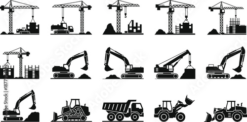 Construction machinery silhouette icon set, tower crane, excavator, bulldozer, dump truck, front loader, vector illustration, black pictogram, site equipment