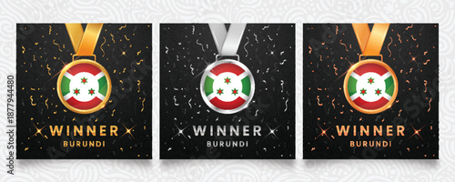 Burundi Winner Set: Gold, Silver and Bronze Medals with Flag Design on Dark Background with Confetti Sparkles