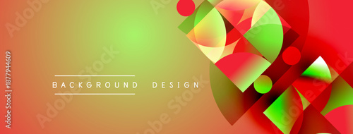 Abstract gradient background features geometric shapes, vibrant colors. Red, green, orange hues blend smoothly, creating dynamic visual effect.