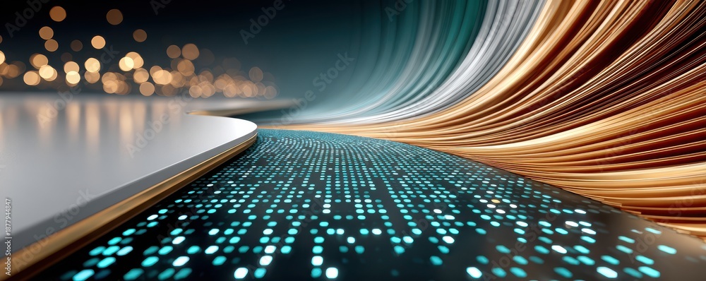 Fototapeta premium Futuristic light tunnel with curved glowing roadway and digital dot surface inspiring motion and energy