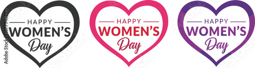 Vector set of three heart-shaped badges in black, pink, and purple for Happy Women's Day celebration typography.