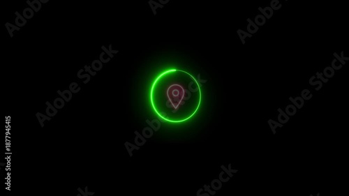Green neon location pin icon on black background. glowing neon location fast tracking map pin icon.