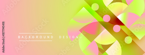 Abstract gradient background. Overlapping circles, squares create dynamic visual effect. Soft pink, yellow hues dominate composition.