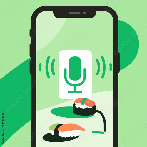 Vector illustration of smartphone screen in modern colors representing AI Chatbot Voice Order Assistant Icons for online delivery service concept