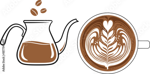 Coffee brewing illustration, kettle and latte art cup, espresso beans, barista style, cozy cafe drink, aromatic hot beverage, vector design