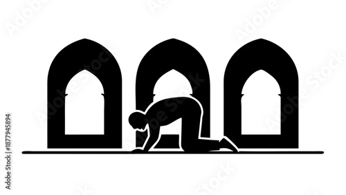 A silhouette of a man in traditional attire performing Sujud (prostration) inside a mosque with arched windows.