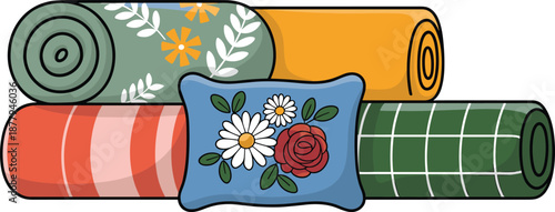 Colorful rolled blankets and decorative pillow illustration, cozy home bedding concept, floral patterns, comfort, warmth, interior design living room decor