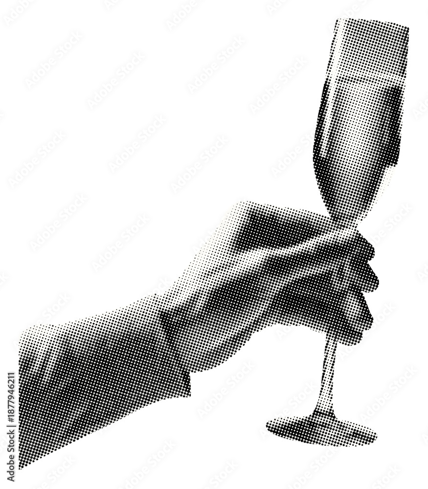 Naklejka premium hand holding champagne flute filled with sparkling wine isolated retro halftone vintage dots texture cut-out collage element for mixed media celebration luxury toast party design