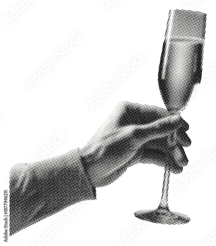 hand holding champagne flute filled with sparkling wine isolated retro halftone vintage dots texture cut-out collage element for mixed media celebration luxury toast party design