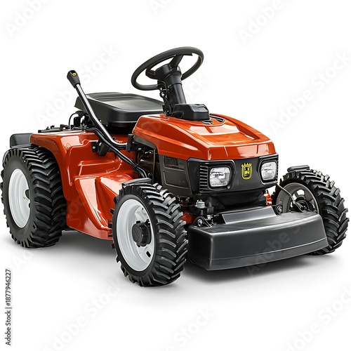 Orange riding lawn mower with large wheels and headlights on photo white background riding mower