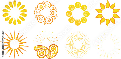 Sunburst and Decorative Sun Vector Set Featuring Abstract Circular Sun Shapes, Radiant Solar Symbols, and Ornamental Sunshine Elements for Summer and Graphic DesignsS
