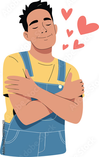 Happy man hugging himself illustration, self love concept, positive emotions, mental wellness, confidence, acceptance, happiness, care, affection, joy, kindness, mindfulness