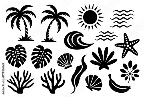 A vibrant collection of tropical island and beach vacation silhouette elements for design