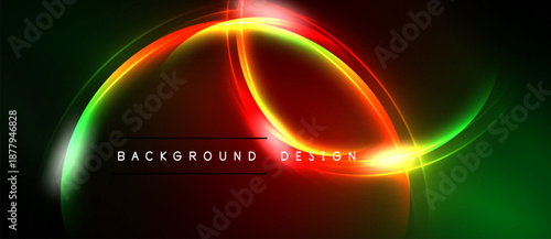 Abstract neon lines form curved shapes. Vibrant red, green, yellow glow against dark backdrop. Text reads background design.