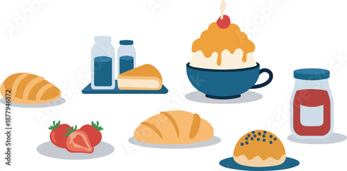 Flat lay breakfast set with bread coffee and fresh strawberries