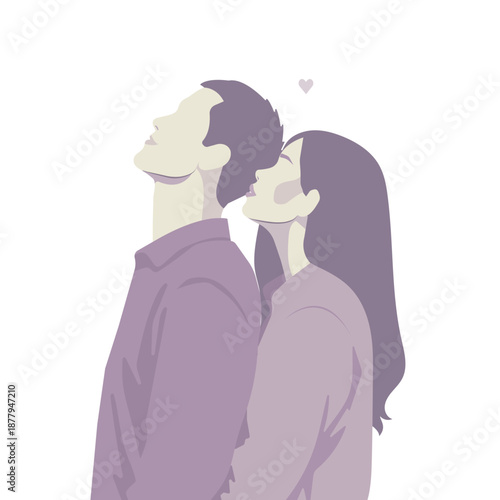 Minimal faceless couple vector in soft lavender pastels, man and woman standing close and looking up with a small heart accent—romantic modern artwork for Valentine’s Day cards, wedding stationery.