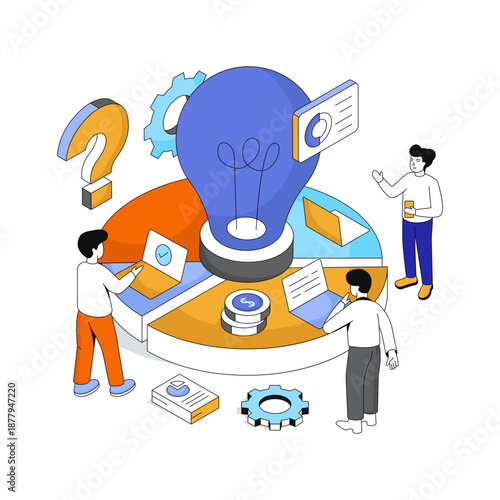 Conceptual isometric design illustration of team generating idea 
