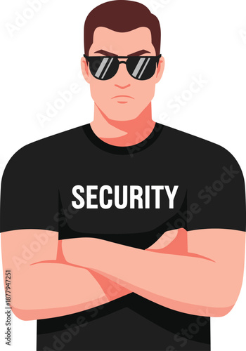 Professional security guard illustration, confident bodyguard wearing sunglasses, crossed arms pose, safety protection concept, private security service, strong authority uniformed