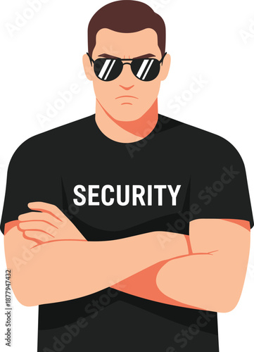 Professional security guard illustration, strong bodyguard with crossed arms, sunglasses, protection concept, safety service, authority, vigilance, confidence, reliable, modern, uniform