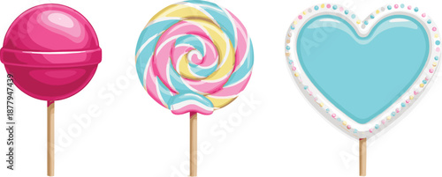Sweet Lollipop Candy Vector Illustration Set Featuring Colorful Round, Swirl, and Heart Shaped Sweets on Sticks for Dessert, Party, and Confectionery Designs