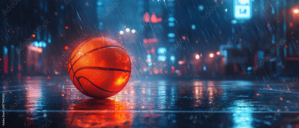 Obraz premium An orange basketball on wet asphalt in the rain emphasises the drama of urban flooding, which will enhance the visual impact of social campaigns about the climate crisis.