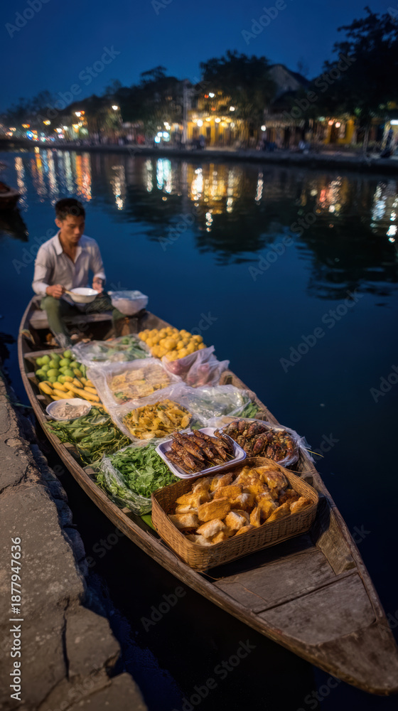 Obraz premium Floating market boat night canal street food lantern light river reflection vendor fresh produce grilled fish herbs Asian city