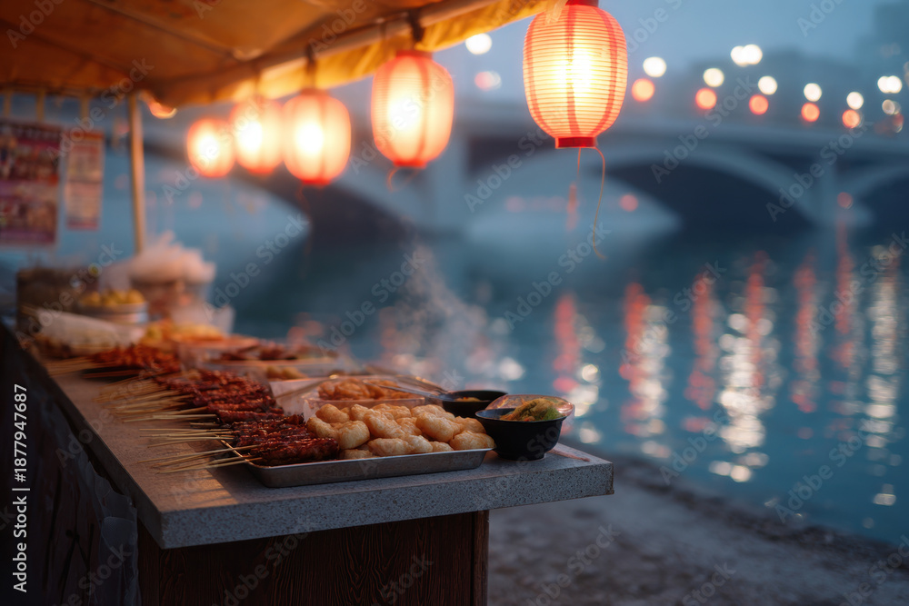 Fototapeta premium Street food night market lantern bridge river skewers steam mist bokeh Asia cuisine with warm glow and inviting aroma by water