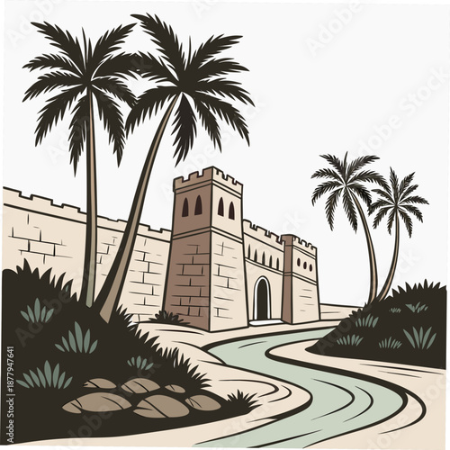 Ancient stone fort with towers and palm trees near river