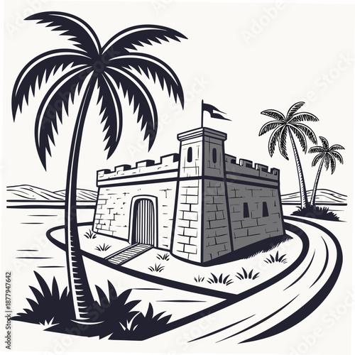 Ancient stone fort with palm trees and river