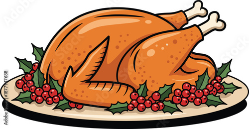 Roasted turkey on platter illustration, festive holiday dinner, Christmas feast food, traditional Thanksgiving meal, delicious roast poultry, vector style artwork