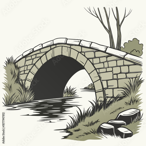 Stone bridge over calm water with grass and trees on white background