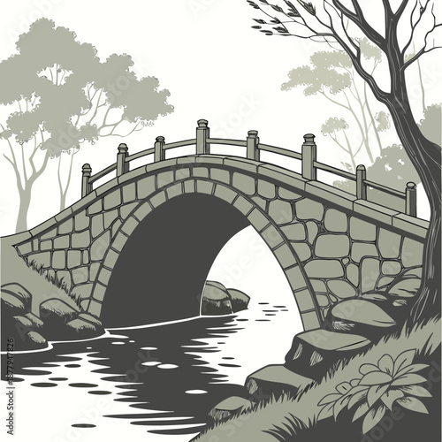 Stone bridge over calm water with trees on white background