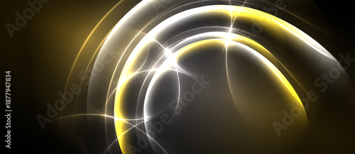 Abstract golden light curves radiate from center. Brightness contrasts with dark background creating dynamic visual effect.