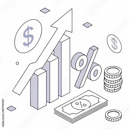 Finance concept with growing bar chart arrow dollars coins