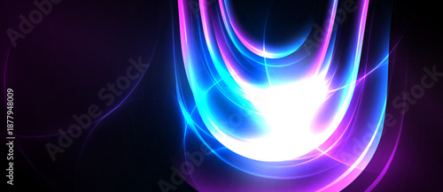 Bright abstract swirls, vibrant colors, luminous center. Dark background emphasizes glowing curves, creating dynamic visual effect.