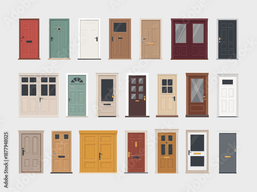 Detailed front doors flat vector icons set, featuring multiple door types, flat vector design