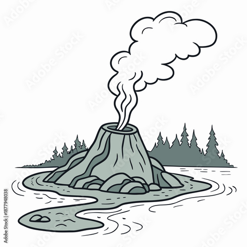 Tiny volcanic islet with steam and trees on white background