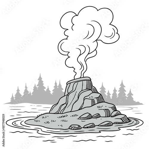 Tiny volcanic islet with steam above white background