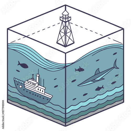 Photography Transparent cube showing cross section of ocean with ship shark and lighthouse