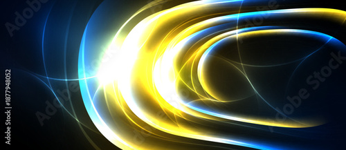 Abstract energy flows, bright yellow, blue hues. Dynamic curves create swirling light patterns against dark backdrop.