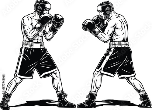 Two boxers facing off in boxing ring illustration, powerful combat sports concept, training sparring match, fitness strength, black and white style