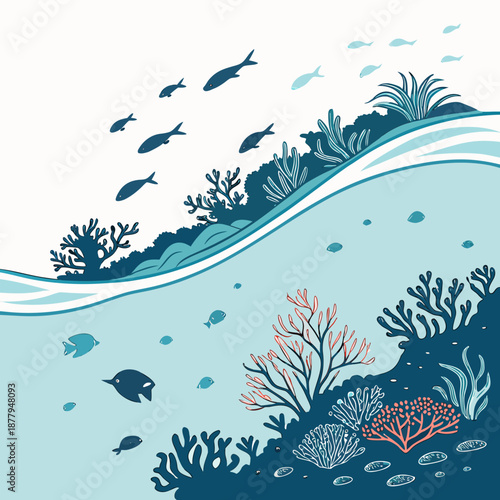 Coral reef edge seen beneath transparent waves white background