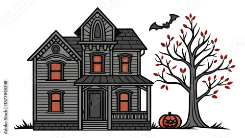 Spooky Victorian Haunted House with Bat and Autumn Tree halloween gothic