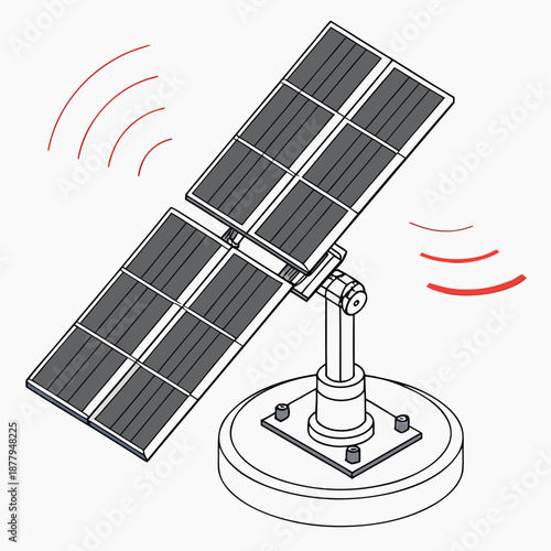 Solar panel tracker rotating on circular base with red motion lines