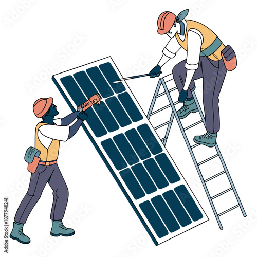 Technicians installing solar panel with safety tools and ladder