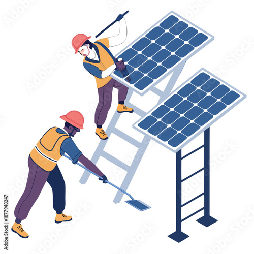 Technicians installing solar panels with safety tools